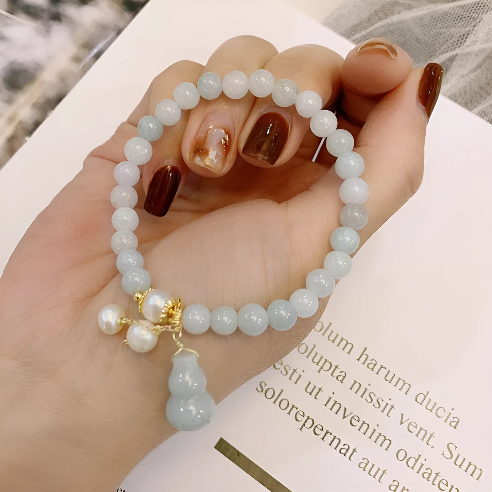 Natural emerald jade bracelet with pearl jade gourd accent, Chinese style women's handmade jewellery