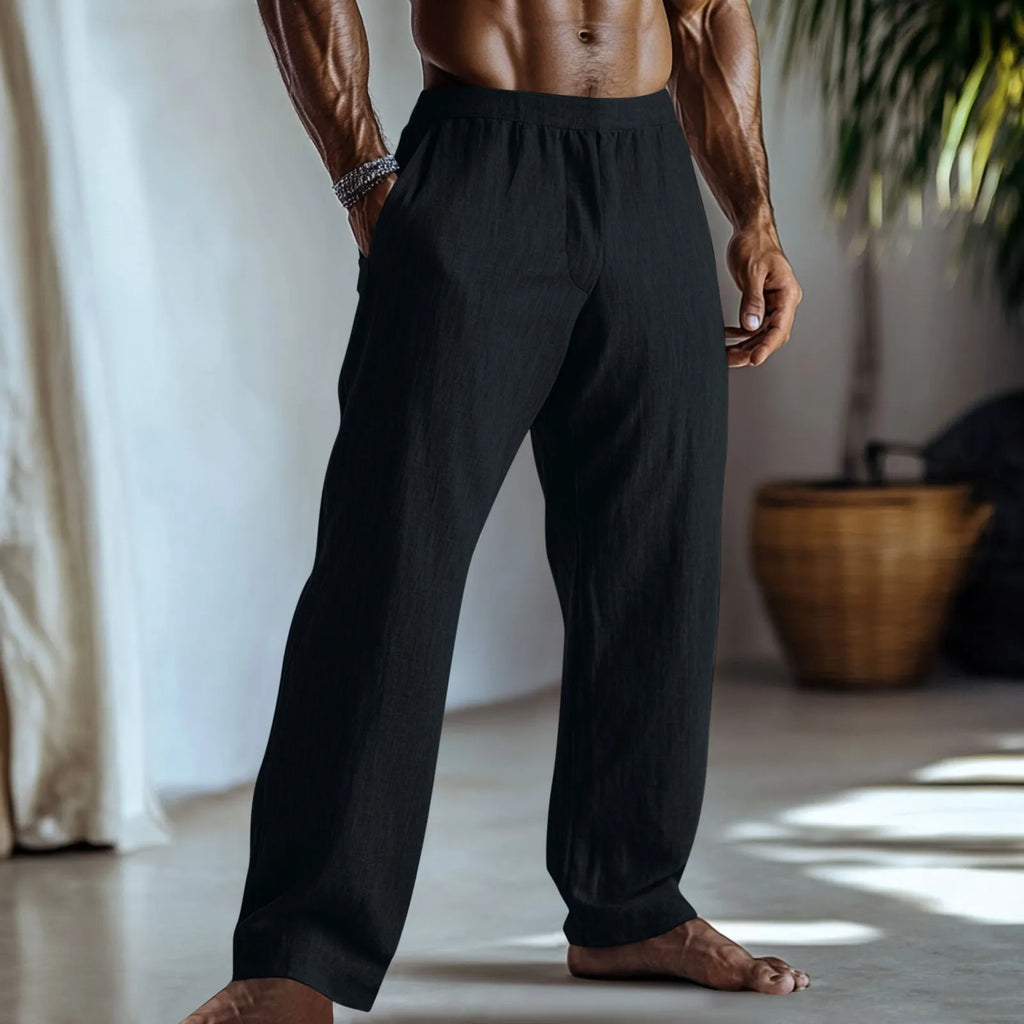 Cotton and linen straight leg casual trousers with pockets in various colour options