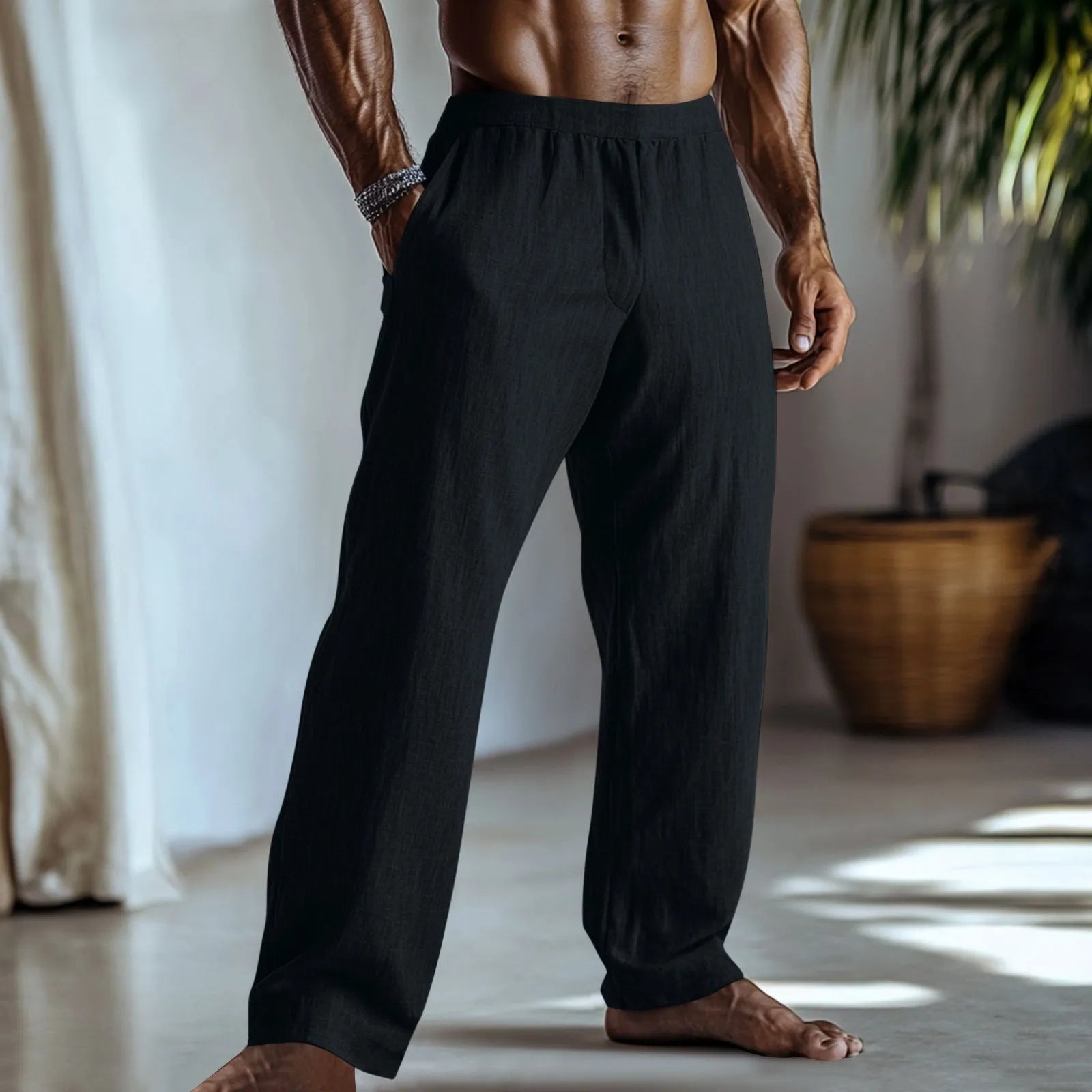 Cotton and linen straight leg casual trousers with pockets in various colour options