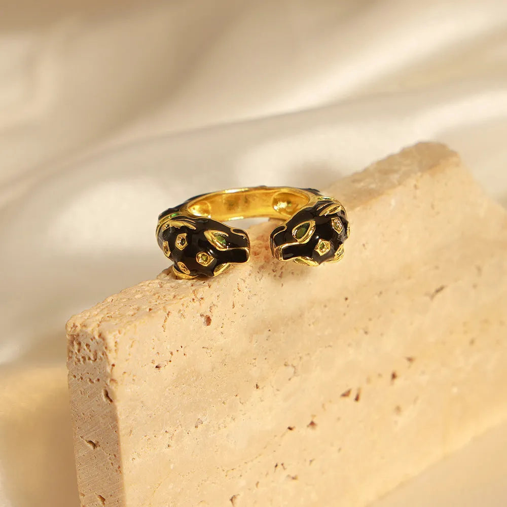 Women's black cheetah open ring in geometric shape with no.7 size electroplated copper construction