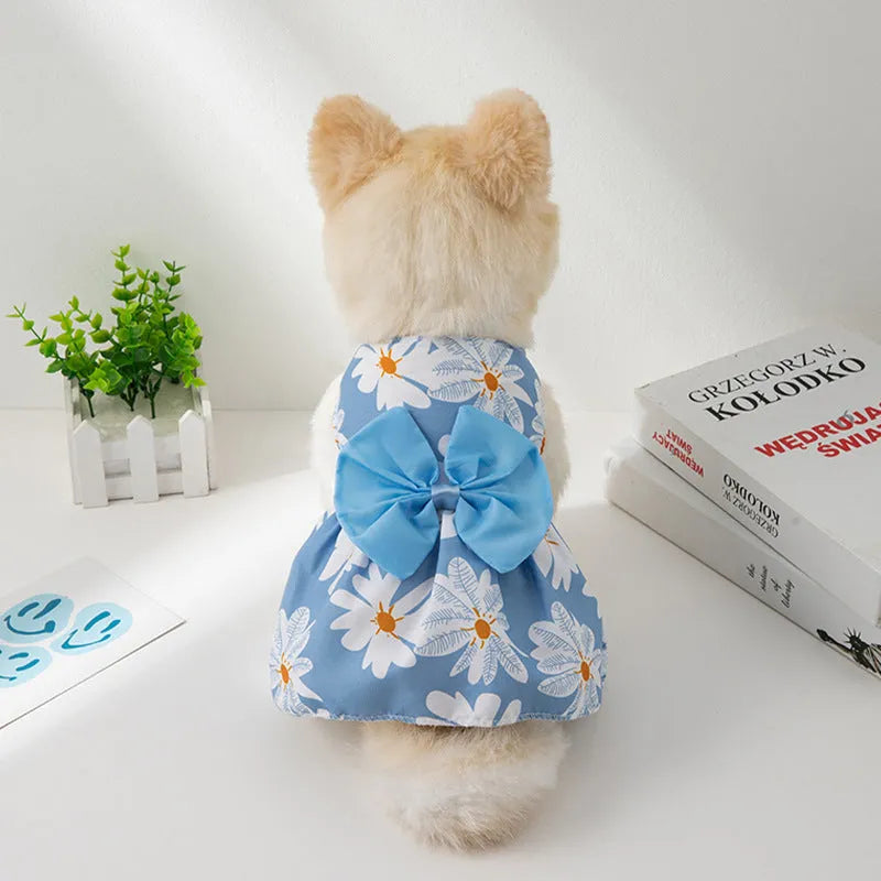 Ultra-thin summer pet dress with floral butterfly princess styling and decorative knot details