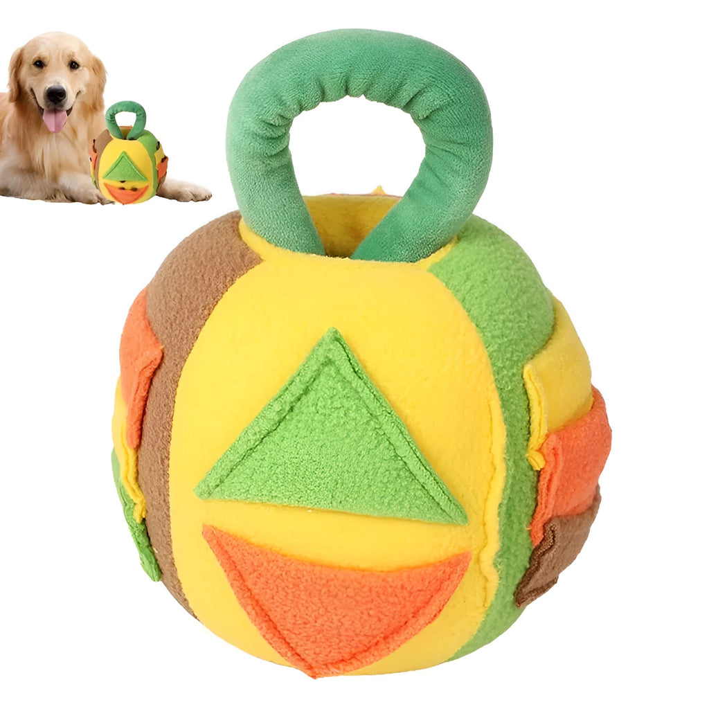 Green polyester dog plush squeaky ball toy with treat pockets, 12cm size