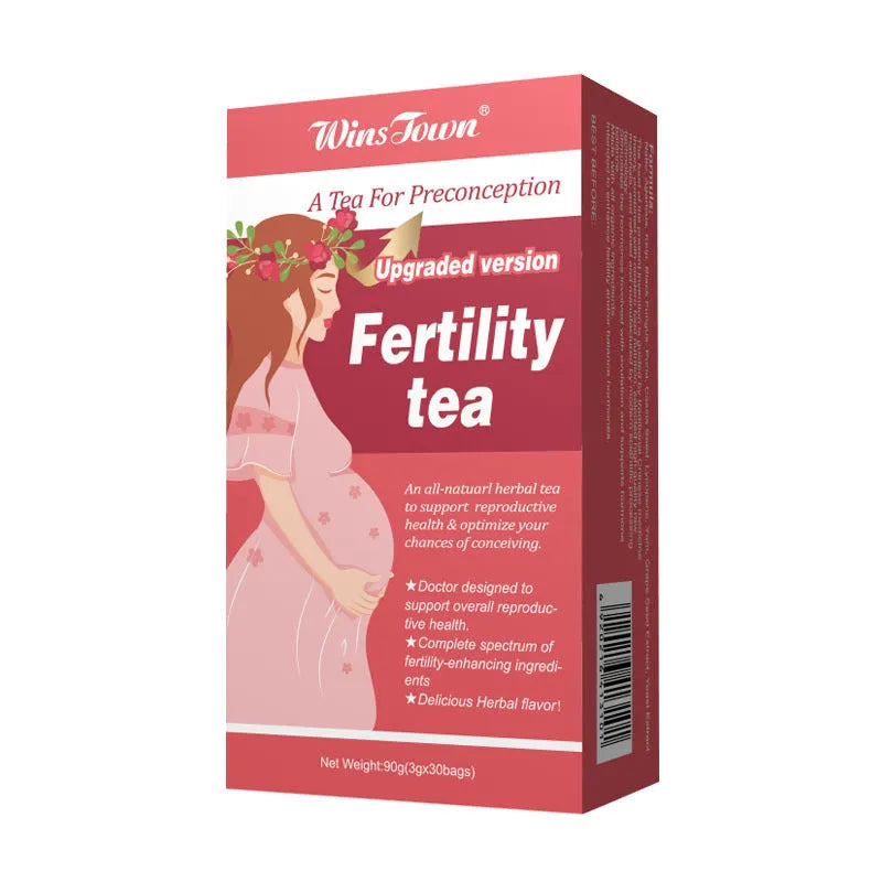 Box of fertility tea with 90 herbal tea bags in three 30-bag pouches