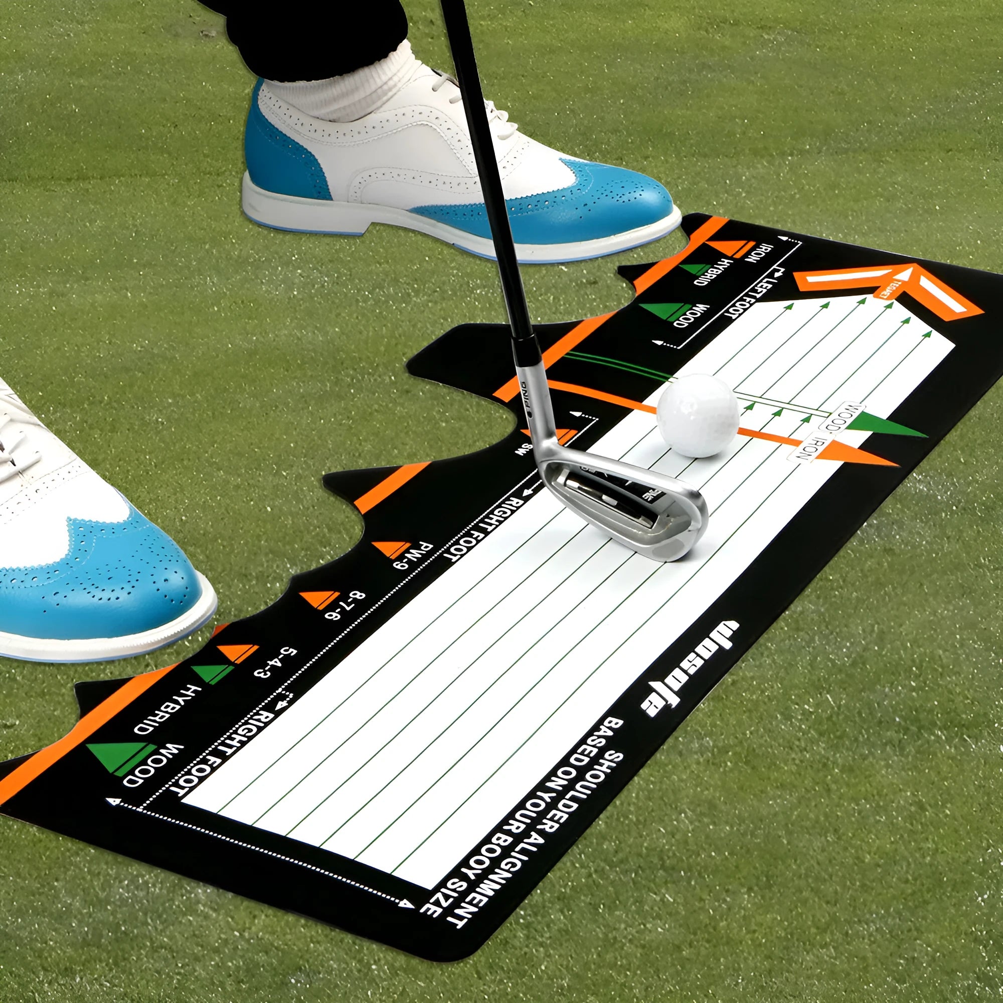 Black neoprene golf swing stance training pad on green grass