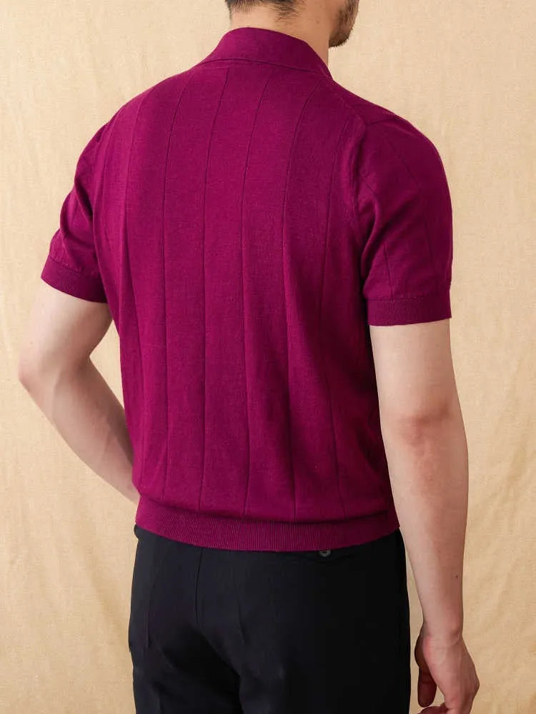 Cotton and linen knitted short sleeve polo top with seagull collar in black, white, purple, dark blue