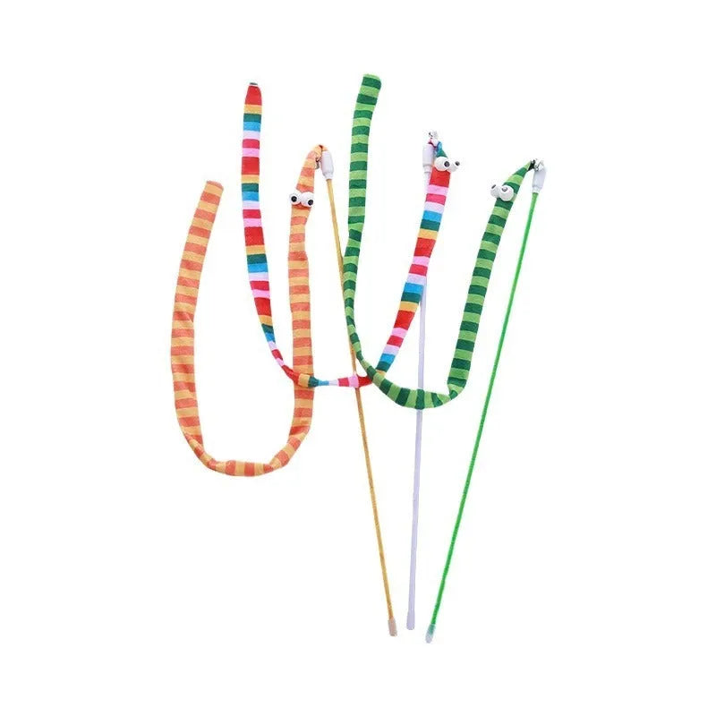 Colourful cat teaser wand with a long plush strip and bell on a polycarbonate pole.