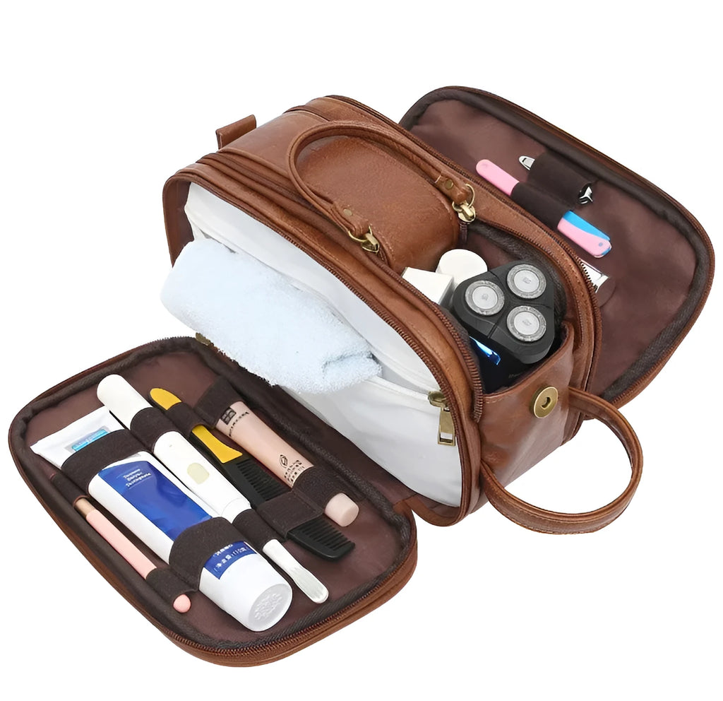 Men's black or brown Pu leather toiletry bag for travel storage.