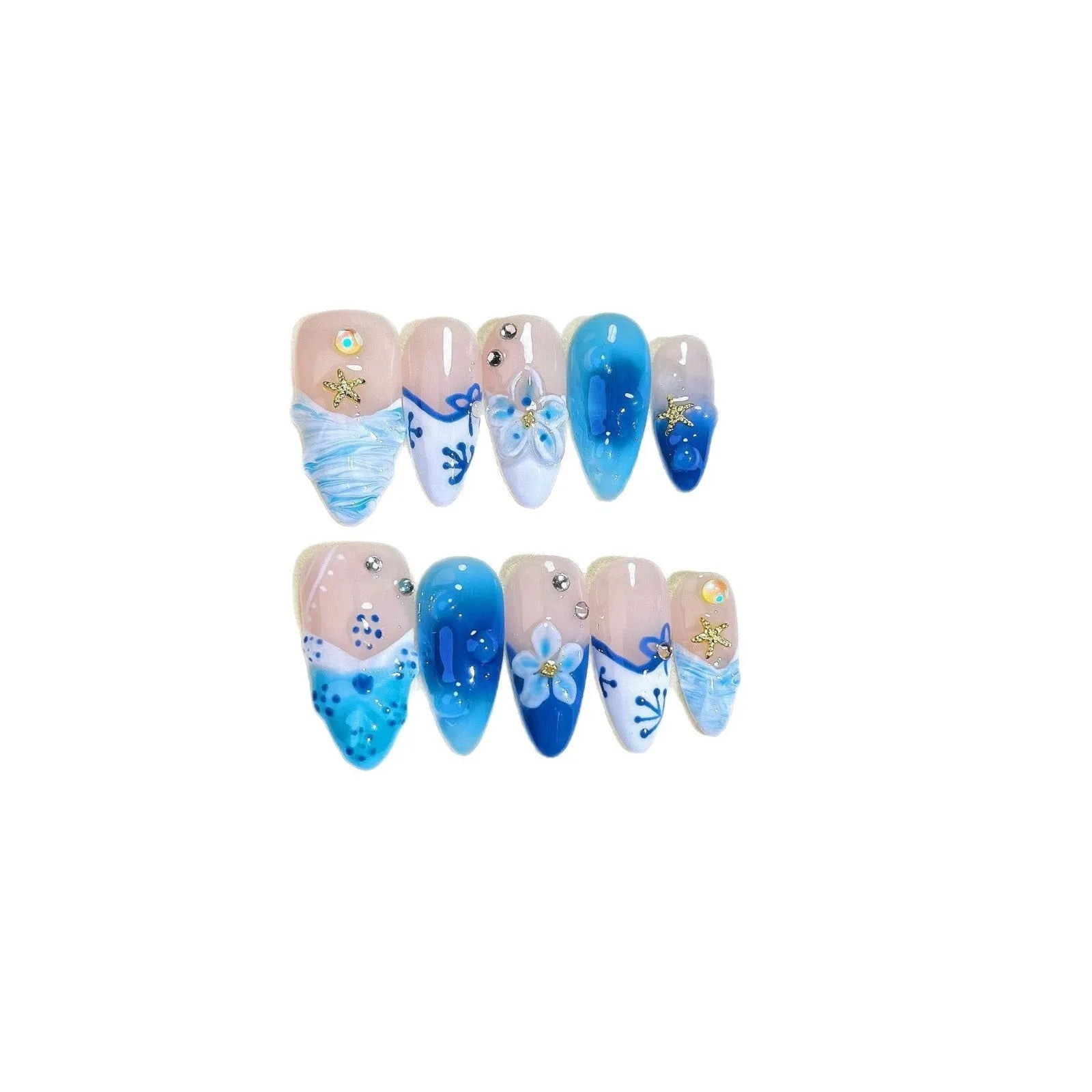Blue hand-painted carved summer ice transparent fake nails plastic set with sizes XS S M L
