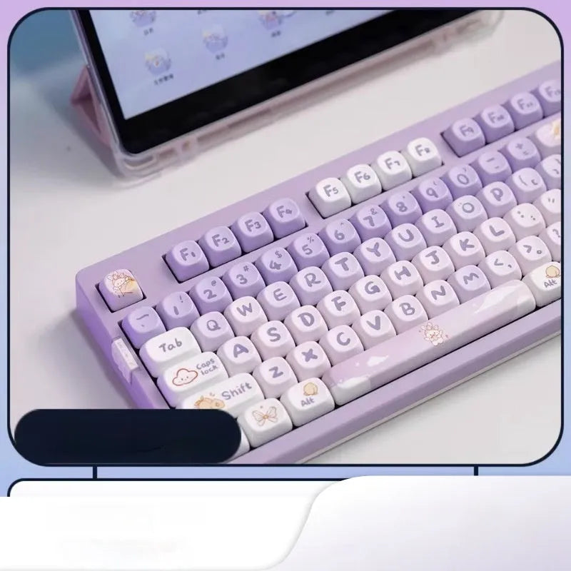 PBT gradient purple keycap set with cartoon rabbit design for mechanical keyboards