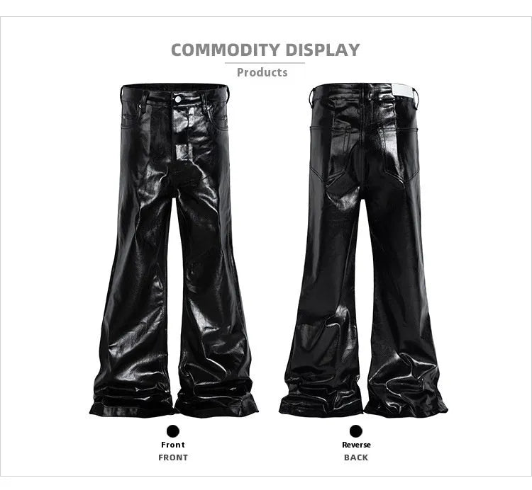 Black coated shiny patent leather skinny jeans with straight-leg mid-waist design