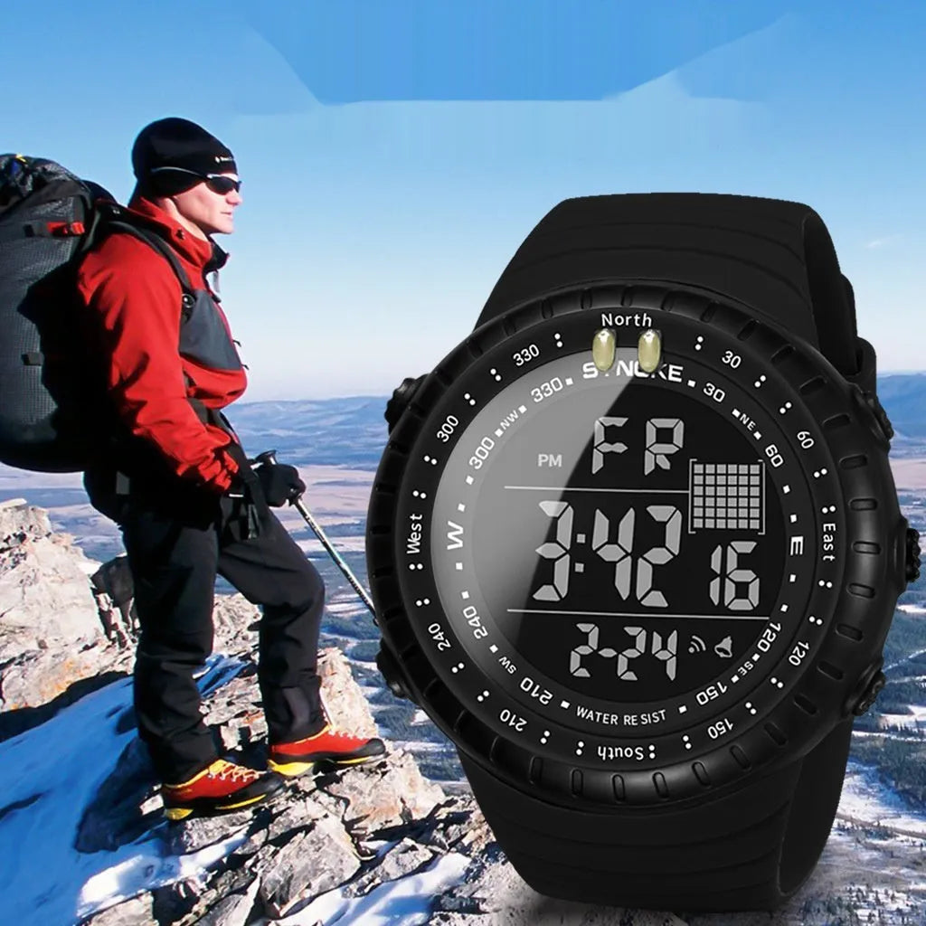 Black men's waterproof electronic watch with large dial and adjustable PU strap showing water resistance to 50 metres