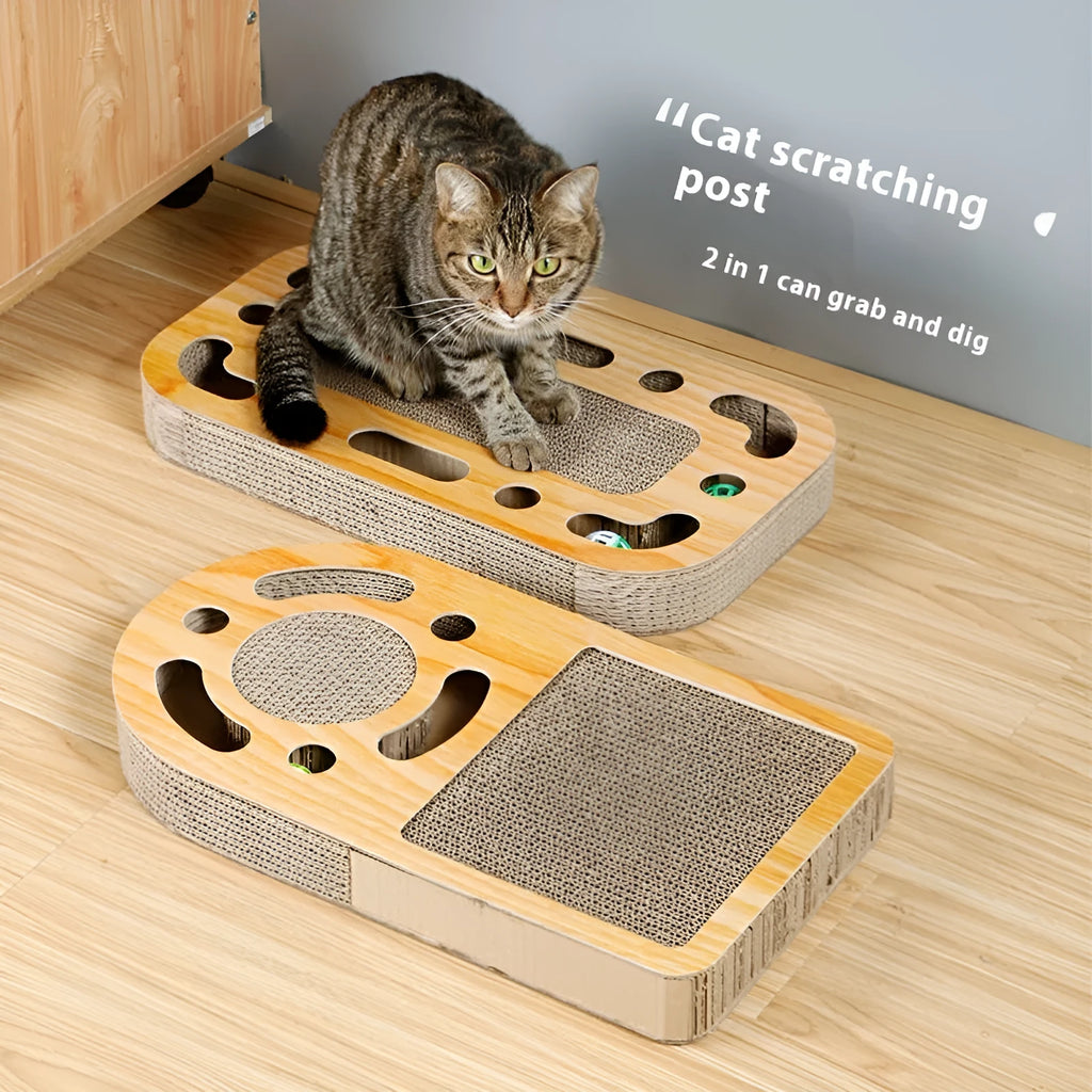 Cat scratch board with ball in wood grain disc style made of corrugated paper