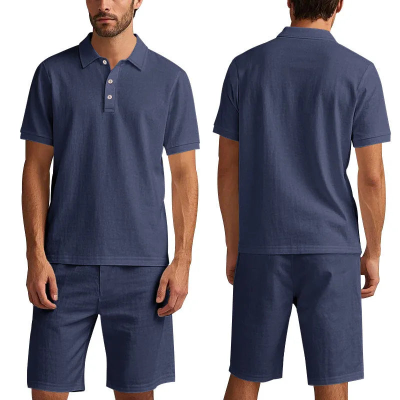 Summer men's casual linen blend shorts suit set in light blue with short-sleeve shirt and matching shorts on model