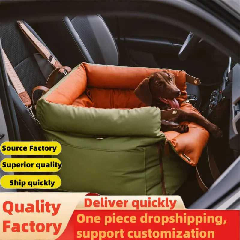 Green waterproof PU leather dog car nest bed with removable cover, oval shape.