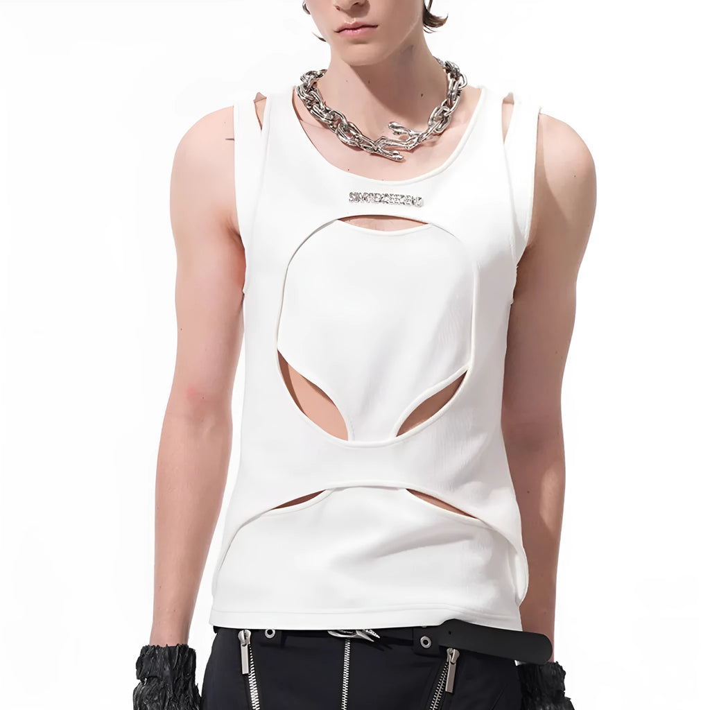 Men's loose sleeveless waistcoat in hollow white thread fabric showing round neck and pullover design