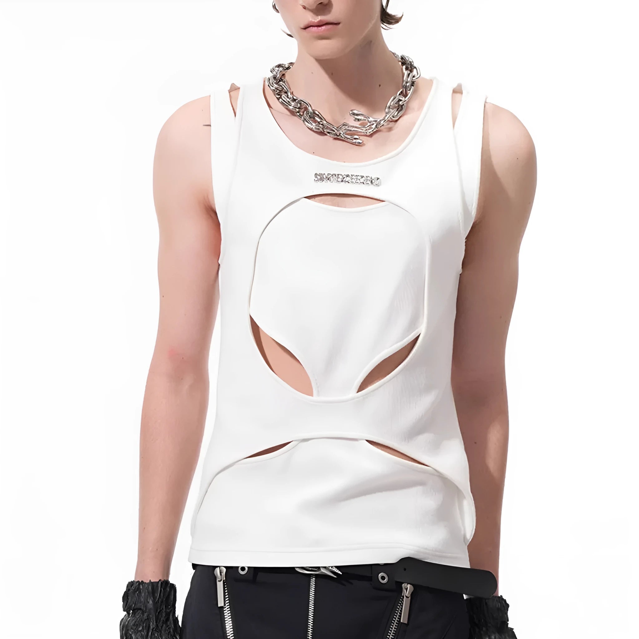 Men's loose sleeveless waistcoat in hollow white thread fabric showing round neck and pullover design