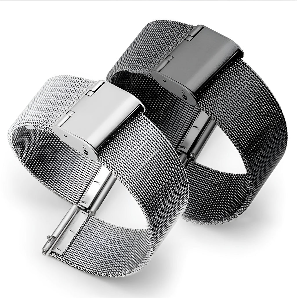 Milani stainless steel watch band with woven silk-style texture in silver, black, rose gold, or gold colour