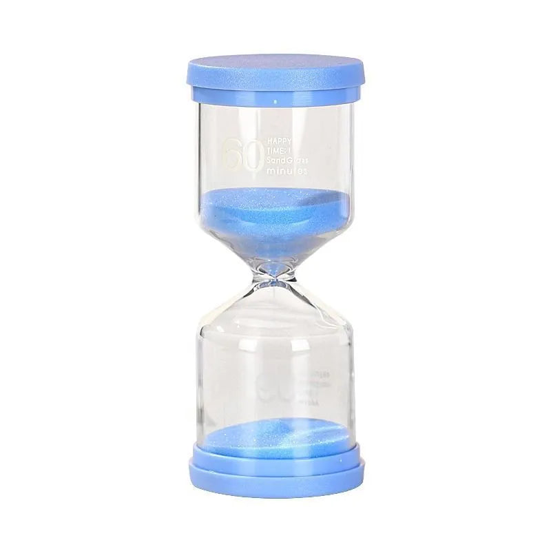 Glass sand clock timer with blue sand showing 30 minute duration on a white surface