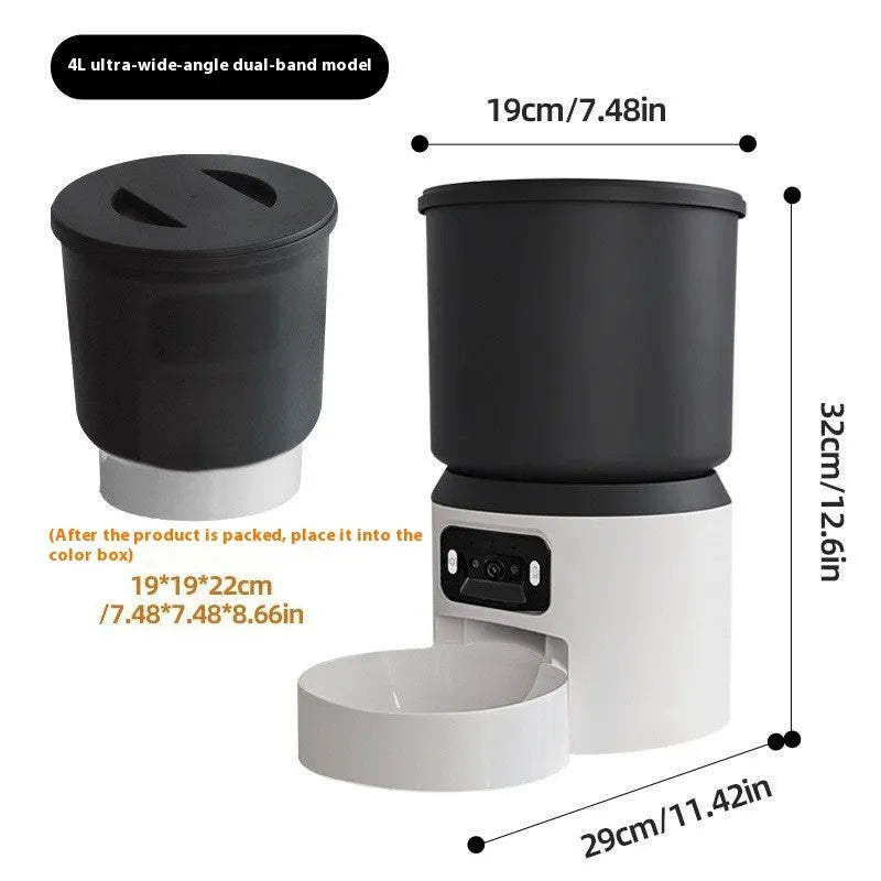 4L smart pet feeder with Wi-Fi and optional camera on a kitchen floor