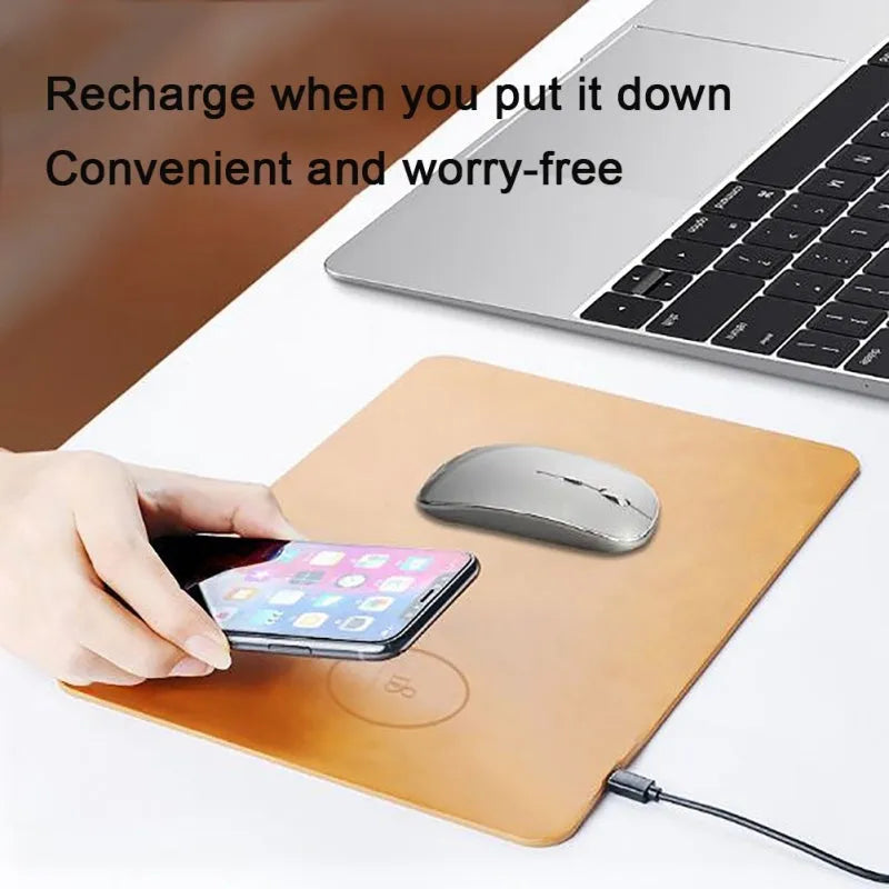Brown leather wireless charging mouse pad with Micro USB cable for phone charging