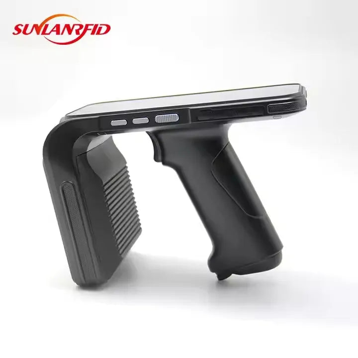SLP-05 handheld UHF RFID scanner with Android screen, trigger, and integrated 2D scanner for warehouse and logistics use.