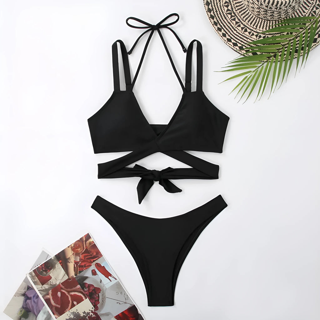 Solid colour women's bikini swimsuit on hanger showing sleeveless design and briefs style