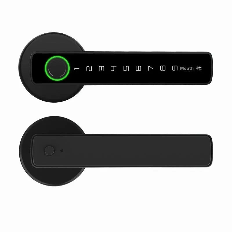 Black spherical card smart door lock on wooden door with fingerprint sensor