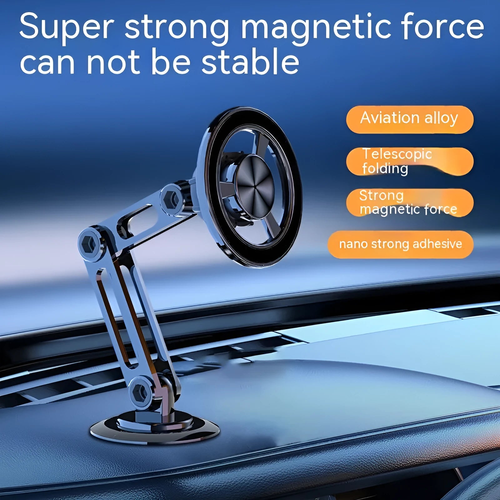 All-metal magnetic car phone holder with magnetic rings and adhesive pads in black finish.