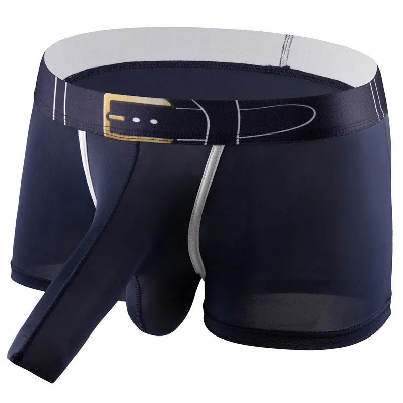 Men's solid colour ice silk boxers in mid waist style showing grey, black, green and blue options