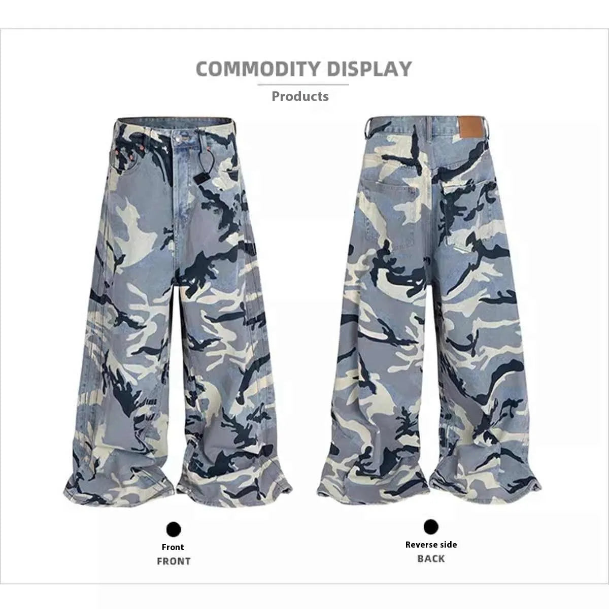 Snow camouflage blue loose-fit denim jeans with a mid-waist, shown on a hanger.
