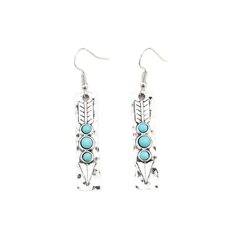 Silver geometric earrings with turquoise inlay on long strip zinc alloy retro design