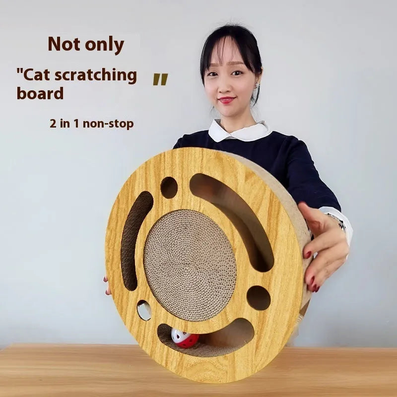 Cat scratch board with ball in wood grain disc style made of corrugated paper