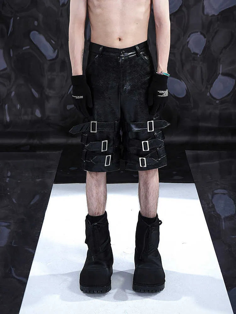 Men's black PU leather cropped shorts with medium-low waist design