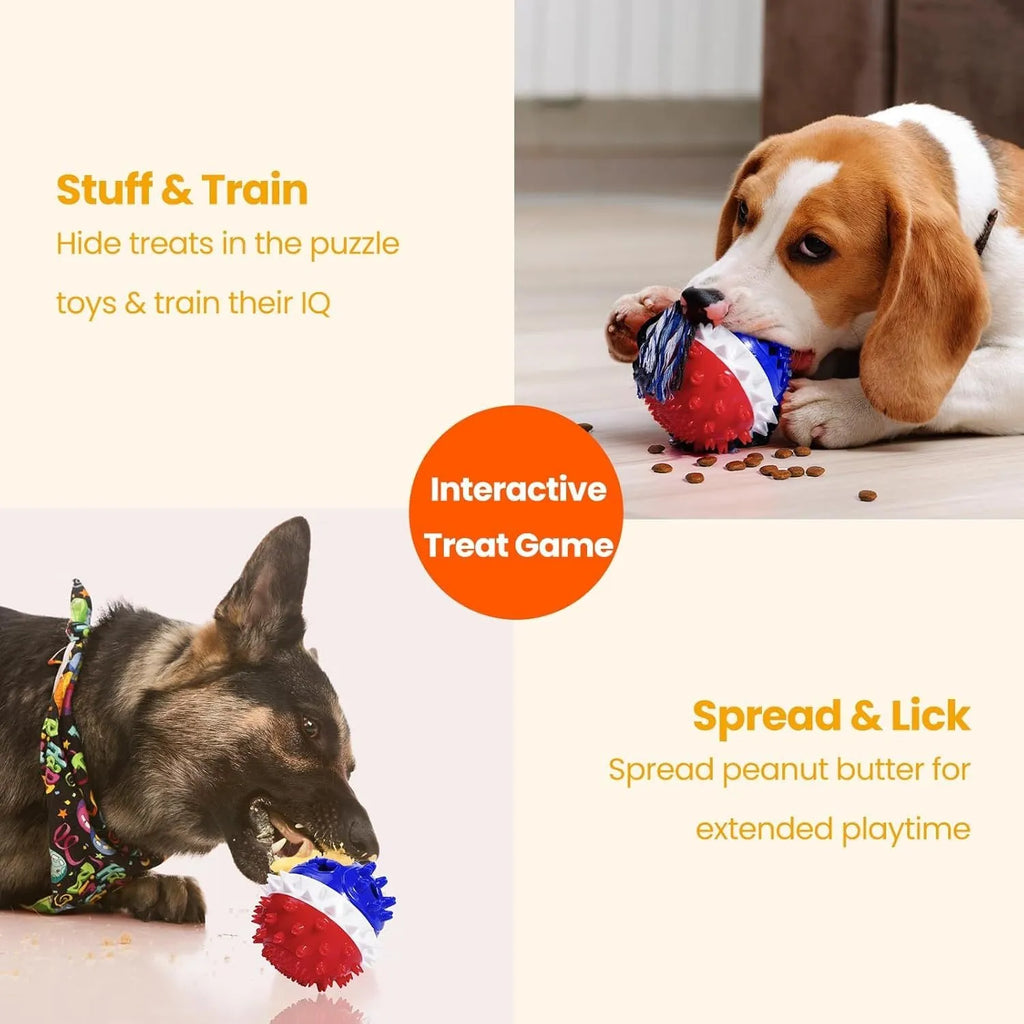 Blue TPR rubber dog chew ball with treat dispenser hole and squeaker, 4.25 inches in diameter.