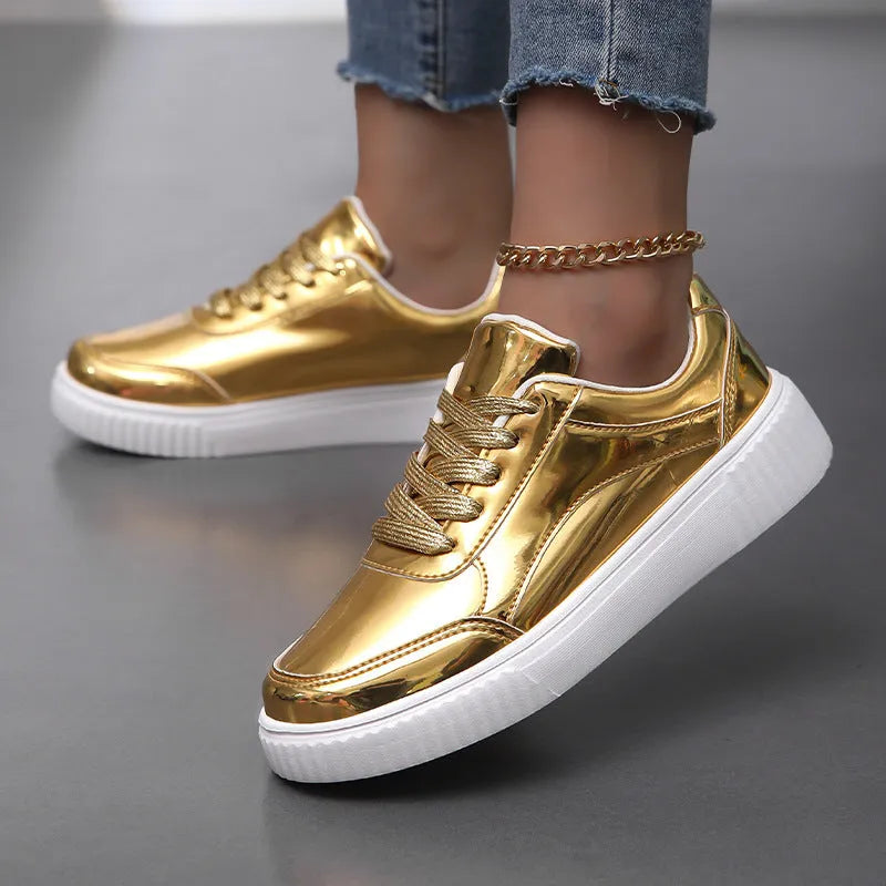 Rose gold sequined platform sneakers with round toe and thick MD sole