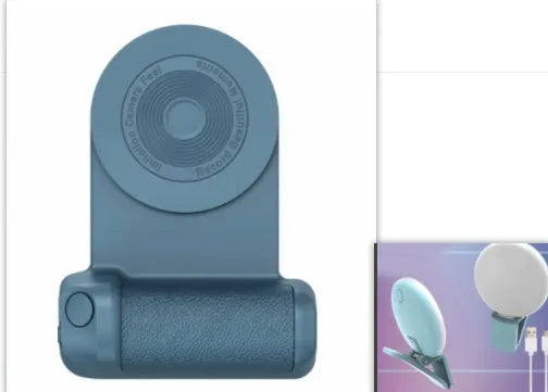 Black 3-in-1 magnetic phone camera holder with ergonomic handle on a wooden table.