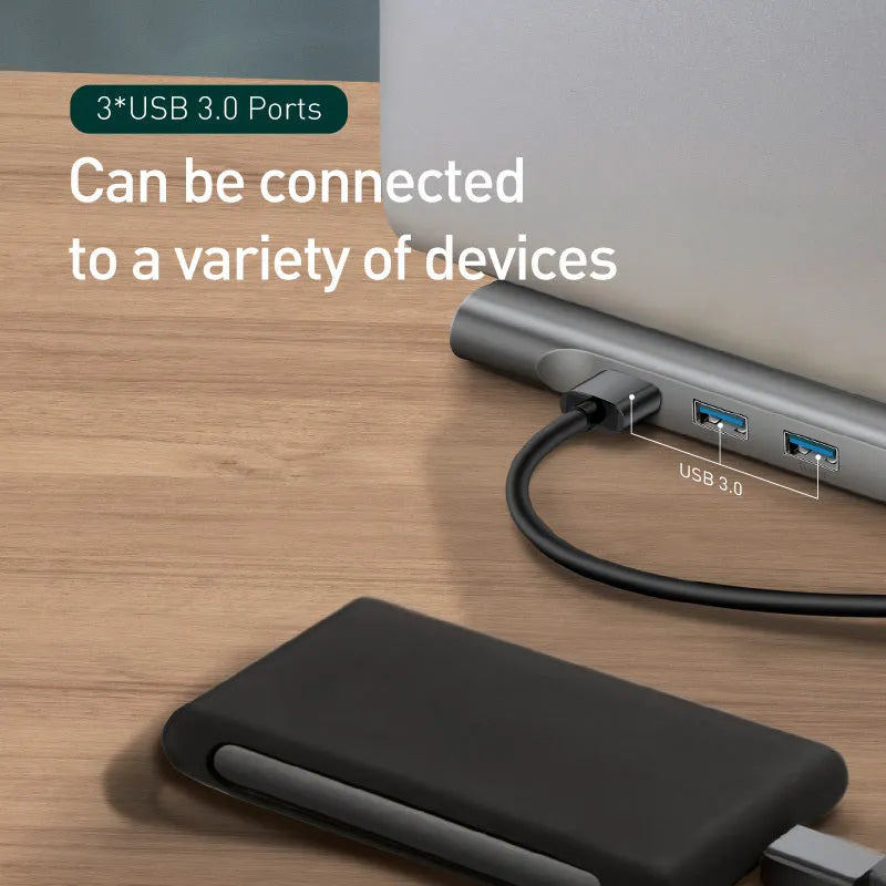 Grey aluminium 10-port docking station with cooling bracket showing HDMI VGA and USB ports