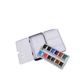 Solid tinplate paint box for watercolour pigments in a three-fold square design.