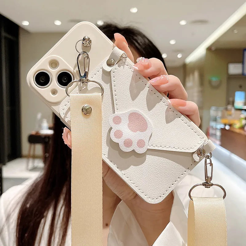 Cat's Paw TPU drop-proof crossbody phone case for iPhone, black colour, minimalist design