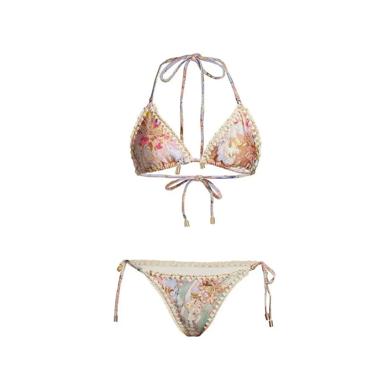Women's creamy white floral bikini set with briefs and skirt on nylon fabric
