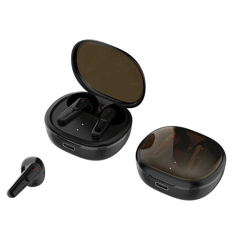 Black in-ear Bluetooth headphones with noise cancellation and breathing light indicators