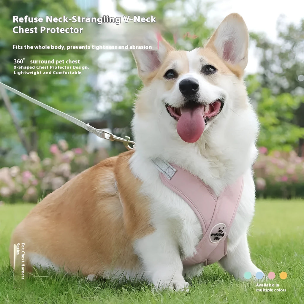A colourful dog walking vest harness with an attached lead rope, shown in blue, green, pink, or yellow.