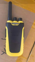 Red children's intercom two-way radio showing front display and controls