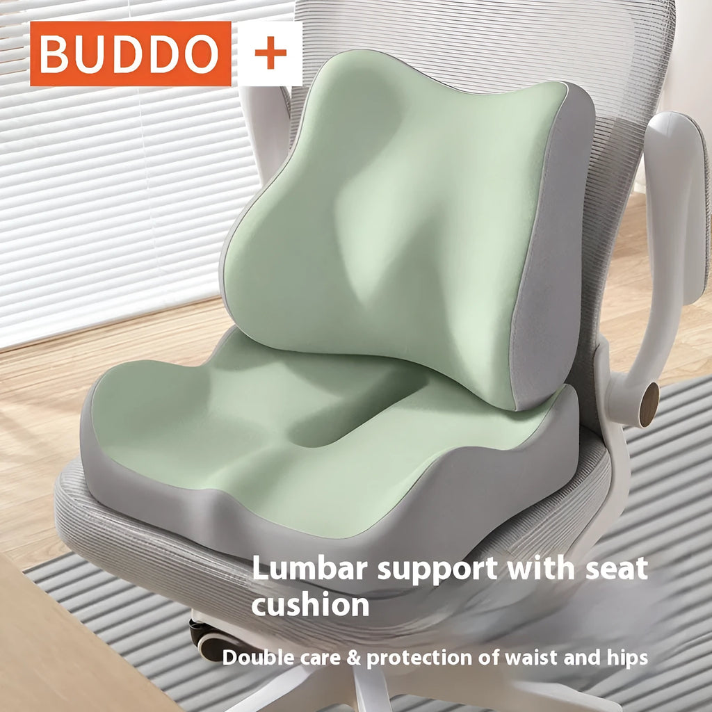 Memory foam waist support seat cushion in blue and grey colour combination on office chair