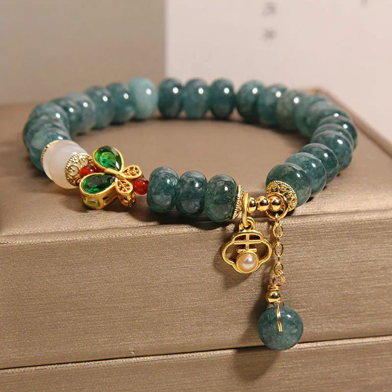 Natural blue water jade abacus beads crystal bracelet with white agate butterfly charm and rhinestones on alloy inlay