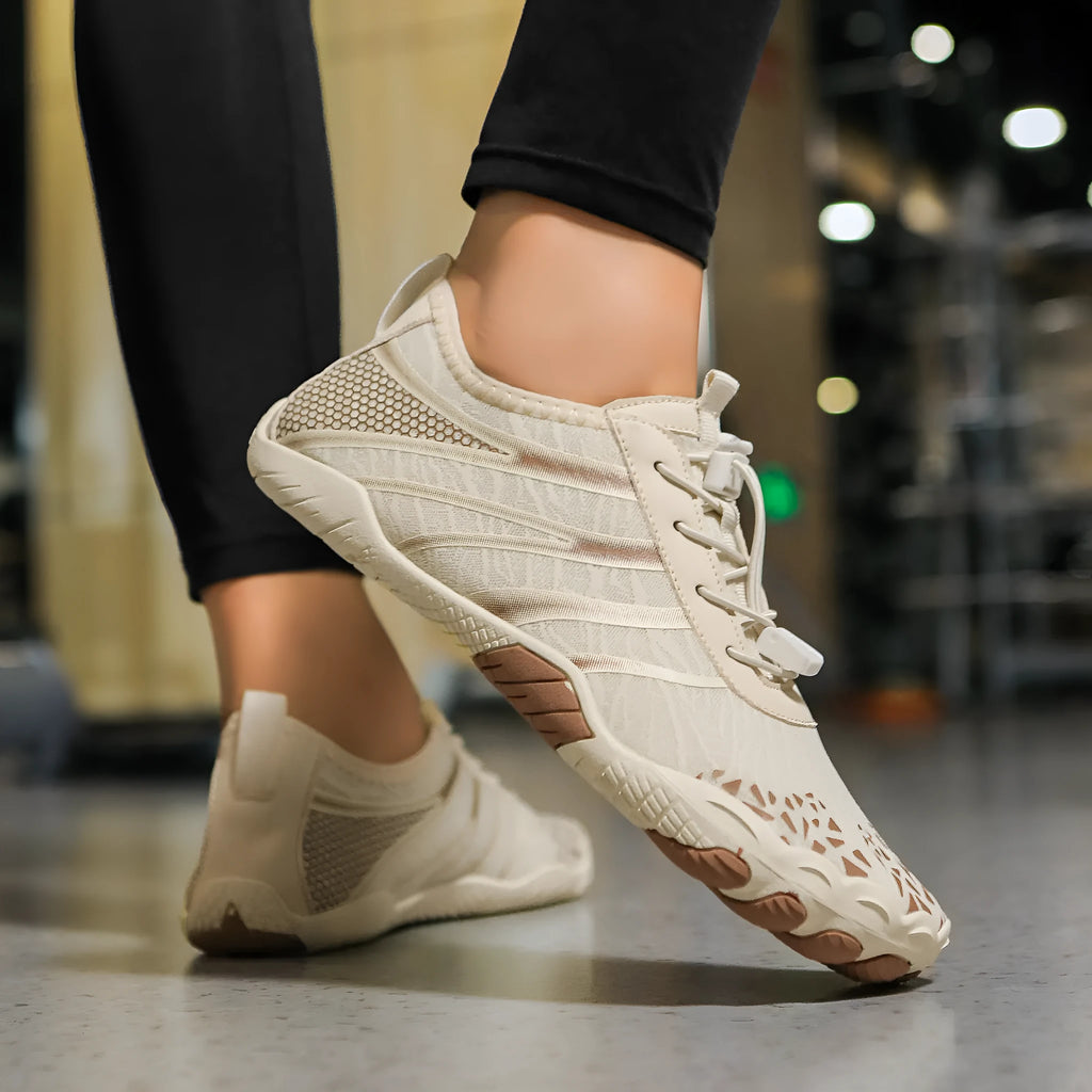 Unisex casual beach running shoes in Lycra stretch fabric, shown in beige colour.