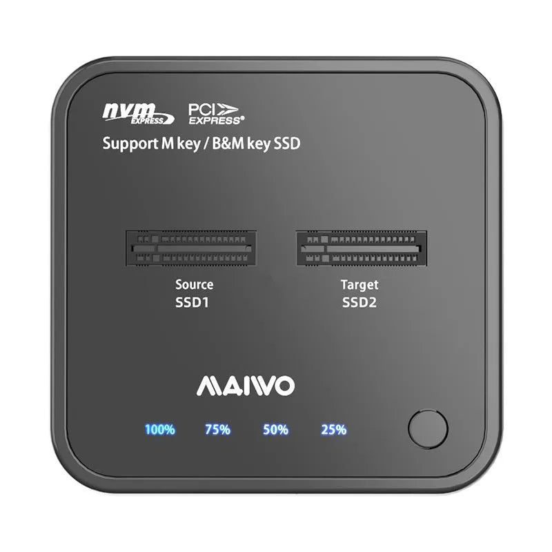 MAIWO K3016 M.2 SSD docking station for SATA and NVMe drives with data cables and power adapter.