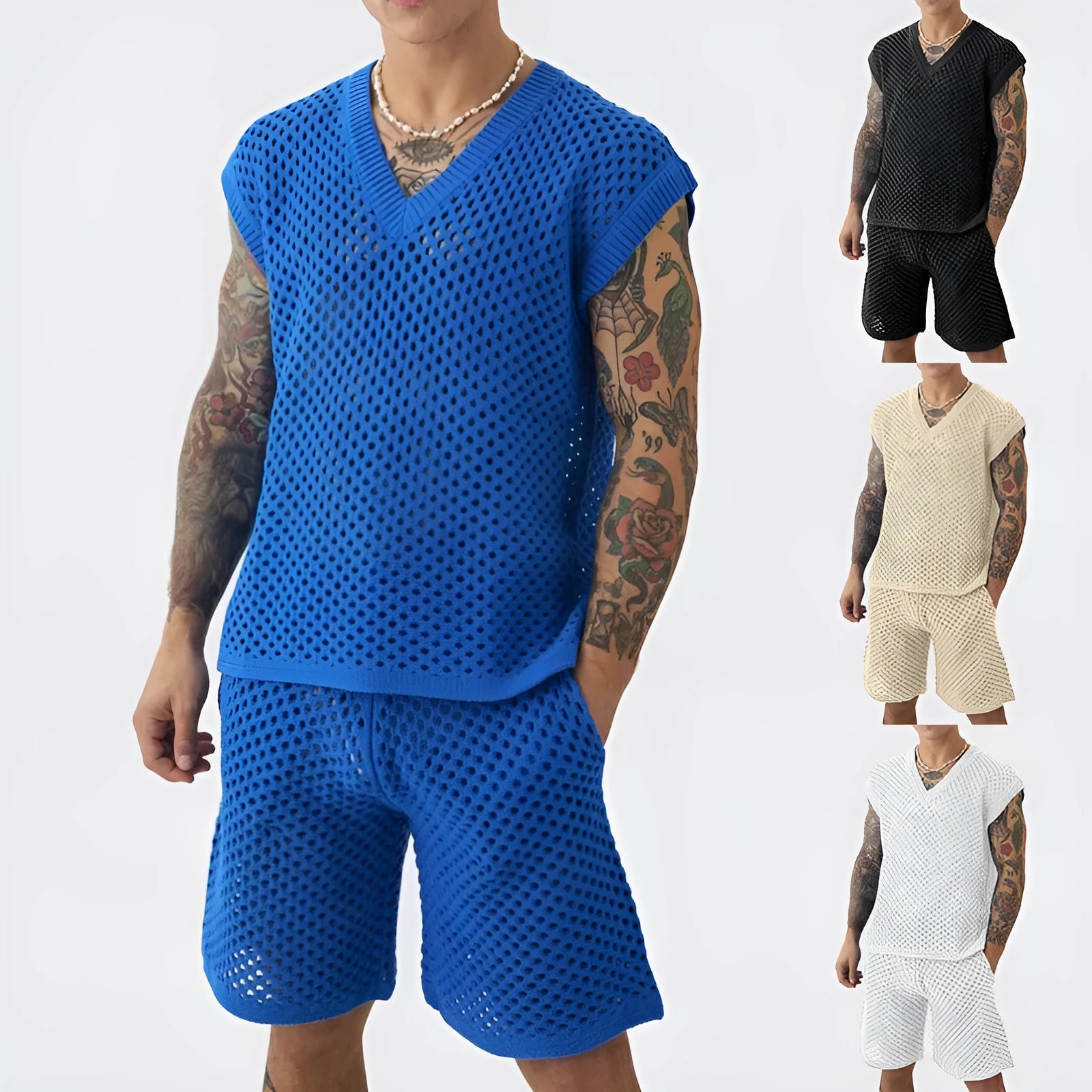 Men's blue cotton V-neck knitted vest and matching shorts set on a white background.