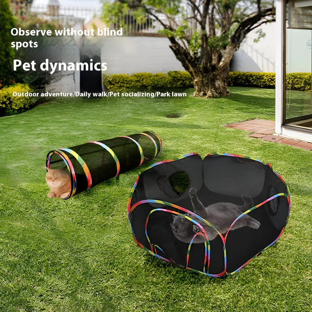 Foldable mesh cat roll cage pet toy showing multiple shape options including hexagonal and tent styles