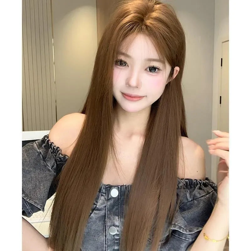 Warm brown long straight lace wig with centre-parted bangs for women on a wig stand